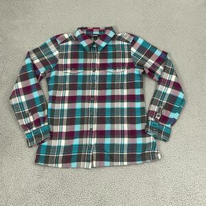 Patagonia Fjord Flannel Women 8 Bay Laurel Forge Grey Outdoor Hiking Long Sleeve
